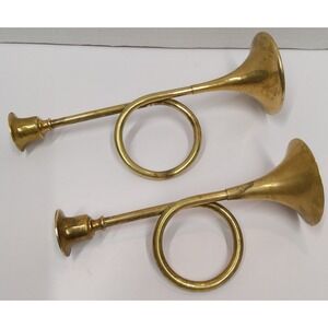 VINTAGE 2 pc solid brass Bugle Horn Candlestick Holders ornate musical Decor
